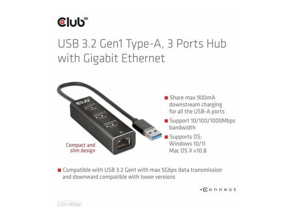 Club 3D CSV-1430A - Hub - 3 x USB 3.2 Gen1 + 1 x 10/100/1000 - stasjonær