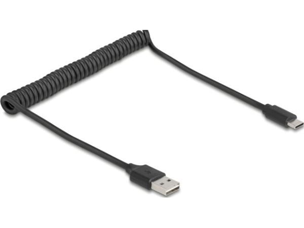 Delock - USB-kabel - USB (hann) reversibel til USB-C (hann) - USB 2.0 - 2 A - 80 cm - rullet sammen, easy USB - svart
