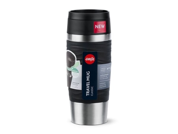 EMSA Travel Mug Waves, Svart, Rustfritt stål, Silikon, Rustfritt stål, Polypropylen (PP), 36 ml, 8,3 cm, 200 mm