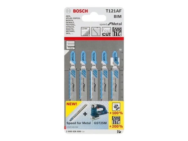 Bosch speed for Metal T 121 AF - stikksagblad - for tynne metallplater, perforerte stålplater - 5 deler - T-skaft - lengde: 92 mm (2608636699)