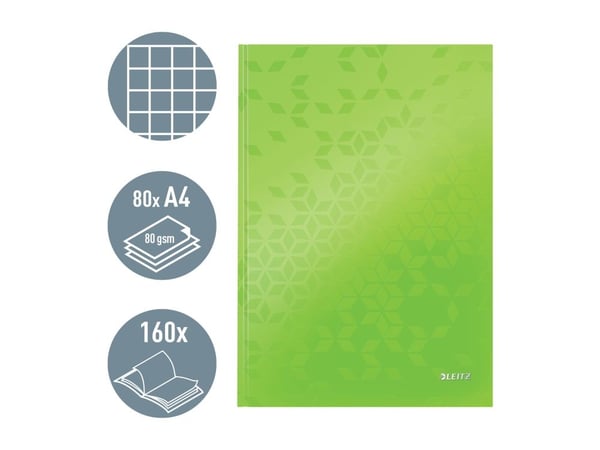 Leitz WOW - Notisbok - eskebundet - A4 (210 x 297 mm) - 80 ark / 160 sider - rutet - grønn - laminert kartong