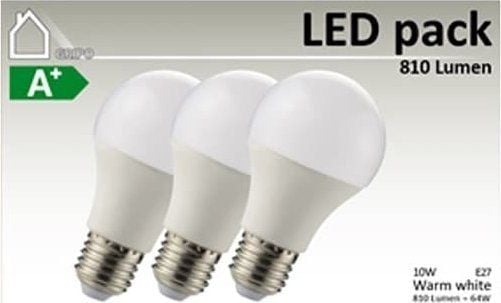 GRIPO GRIPO LED pære A60 E27 10W CRI80 3stk 3000K 810Lm >270gr. 60x120 2835SMD 18stk