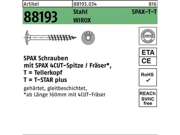 SPAX treskrue 8 mm, 180 mm, T-STAR Plus stål WIROX, 50 stk (0251010801805 / R 88193)