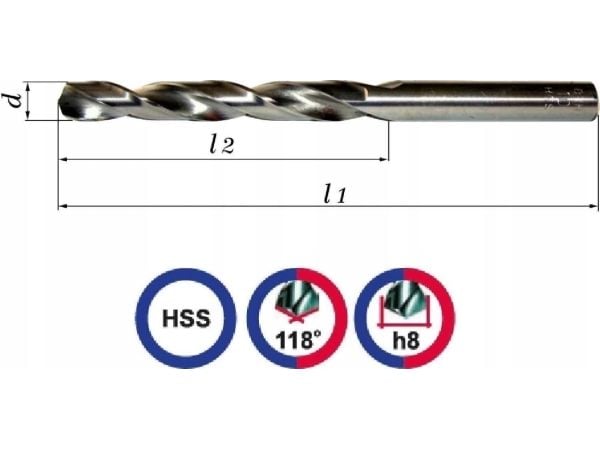 Metallisert Baildon DIN 338 RN NWKa 19 mm, HSS (S), 198-135 mm