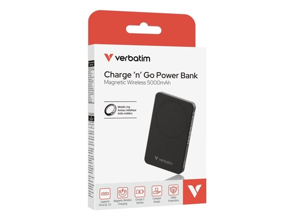 Verbatim Charge ''n'' Go Essentials, 5000 mAh, Quick Charge 3.0, Trådløs lading, 35 W, Svart