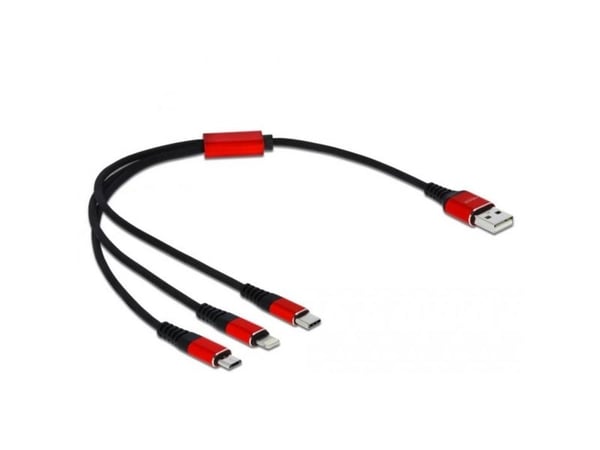DeLOCK 85891, 0,3 m, USB A, USB C/Micro-USB B/Lightning, USB 2.0, Musta, Punainen