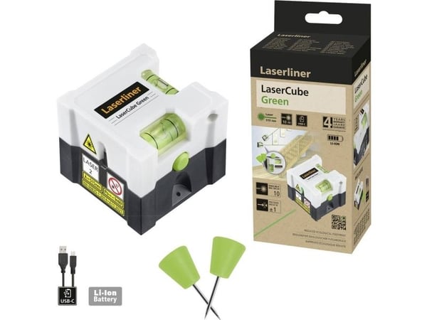 Laserliner LaserCube, 10 m, 1 mm/m, 635 nm (< 1 mW), Linjevater, Sort, Hvit, 4 timer