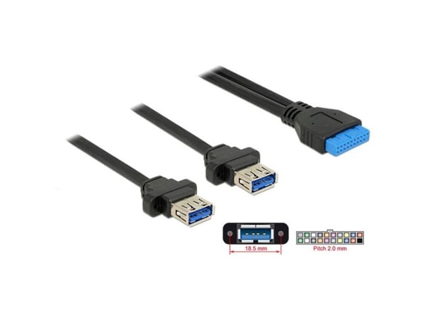 DeLOCK - USB-kaapeli - 19-pinninen USB 3.0 samlekasse (hun) til USB Type A (hun) panelmonterbar - 80 cm - sort - for P/N: 95234