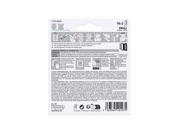 TESA Powerstrips CLICK S, Monteringspute, Hvit, Innendørs, 1,8 kg, 20 mm, 60 mm
