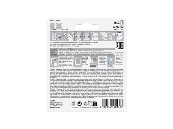 TESA Powerstrips CLICK M, Monteringspute, Hvit, Innendørs, 5,4 kg, 20 mm, 80 mm