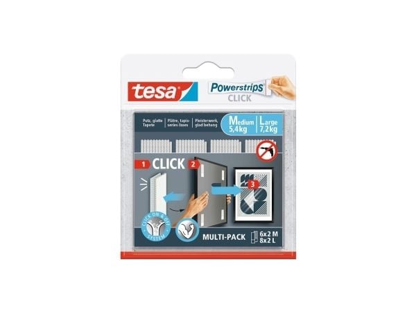 TESA Powerstrips CLICK M + L, monteringspute, hvit, innendørs, 7,2 kg