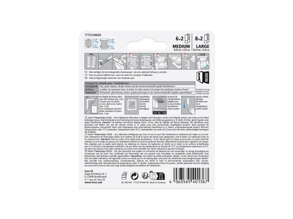TESA Powerstrips CLICK M + L, monteringspute, hvit, innendørs, 7,2 kg