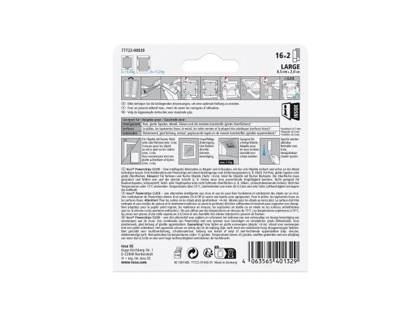 TESA Powerstrips CLICK L, Monteringspute, Hvit, Innendørs, 7,2 kg, 20 mm, 85 mm