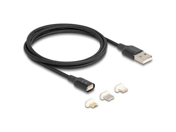 Delock - USB-ladeadaptersett - USB (hann) til Micro-USB type B, Lightning, 24 pin USB-C (hann) magnetisk - USB 2.0 - 5 V - 3 A - 1 m - svart