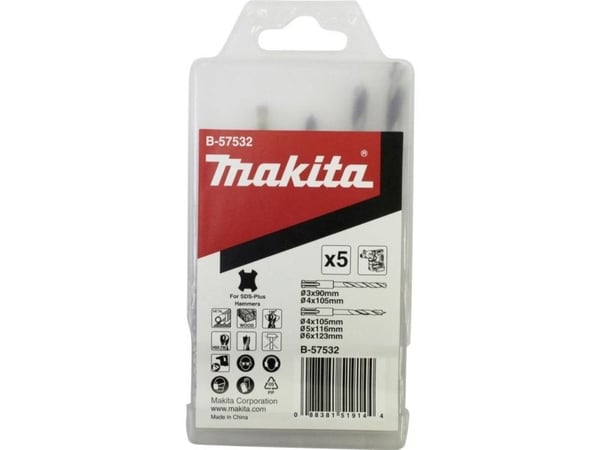Makita - Borsett - for tre, metall - 5 deler - 5 mm, 6 mm, 4 mm, 3 mm - SDS-plus - lengde: 90 mm, 105 mm, 123 mm, 116 mm - for Makita DHR171RAX3
