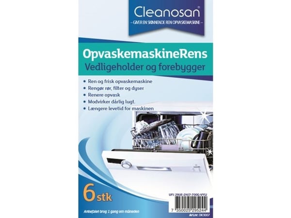 Maskinavkalkingsmiddel, Cleanosan, for oppvaskmaskiner, med farge og parfyme, med 6 tabletter Maskinavkalkingsmiddel, Cleanosan, for oppvaskmaskiner, med farge og parfyme, med 6 tabletter