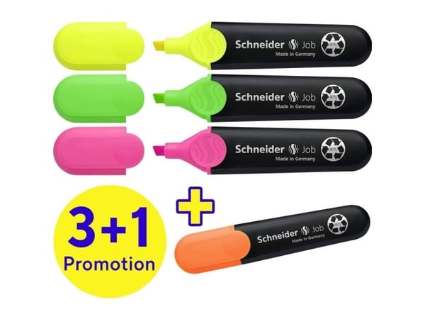 Schneider Schreibgeräte tekstmarker Job, 4-pak etui sortert (3+1 Aktion) 115094, 4 stk