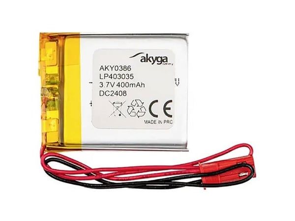 Akyga AKY0386, Batteri, Sølv, Lithium-Ion (Li-Ion), 400 mAh, 3,7 V, 30 mm
