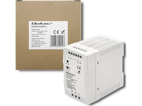 Qoltec strømforsyning for DIN-skinne 90 W 12 V 7,5 A hvit slim