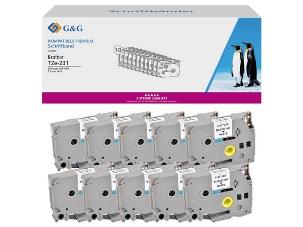 G&G 20100, Musta valkoisella, Merkintänauha, TZe, Harmaa, Brother, Brother PTouch 1010 Brother PTouch 1280 Brother PTouch 1750 Brother PTouch 18R B...