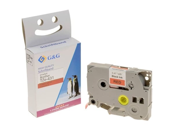 G&G 5T431-TD, Röd, Svart, Brother, Brother PTouch 1010 Brother PTouch 1280 Brother PTouch 18R Brother PTouch 2100VP Brother PTouch..., 1,2 cm, 8 m