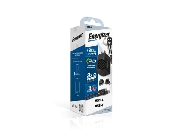 Energizer Ultimate - Multiplug EU / UK / US GaN 20W PD verkkolaturi + USB-C-kaapeli (musta)