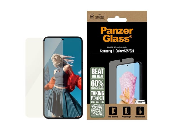PanzerGlass - Skjermbeskyttelse for mobiltelefon - ultrabred passform - glass - for Samsung Galaxy S25