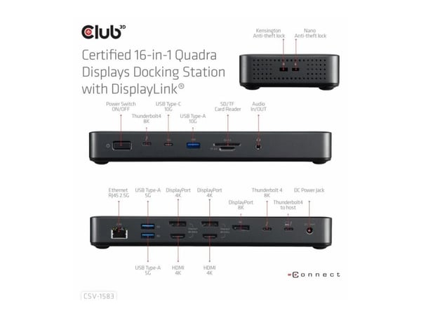 CLUB3D CSV-1583, langallinen, Thunderbolt 4, musta, MicroSD (TransFlash), SD, 40 Gbit/s, Kensington
