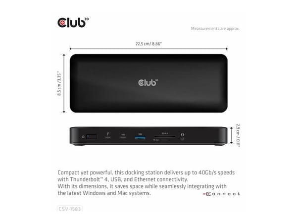 CLUB3D CSV-1583, langallinen, Thunderbolt 4, musta, MicroSD (TransFlash), SD, 40 Gbit/s, Kensington