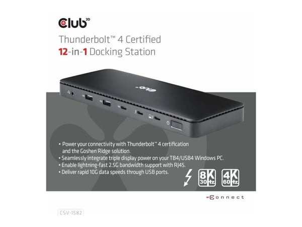 Club 3D 12-in-1 - Dokkingstasjon - for skrivebord, bærbar - USB-C / USB4 / Thunderbolt 3 / Thunderbolt 4 - 2 x HDMI, DP, Thunderbolt 4 - 2.5GbE - 1...