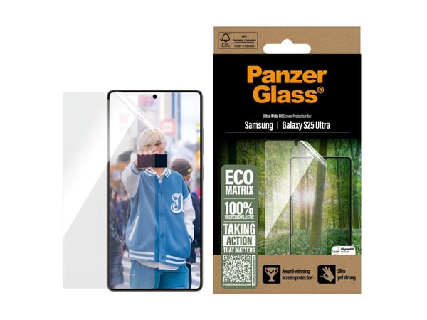 PanzerGlass ECO Matrix - Skjermbeskyttelse for mobiltelefon - ultrabred passform - film - rammefarge svart - for Samsung Galaxy S25 Ultra