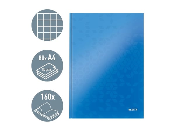 LEITZ Notebook WOW, DIN A4, rutete, blå metallic 80 ark, 90 g/kvm, trefri, hardt omslag laget av blank, - 1 stk (4626-10-36)