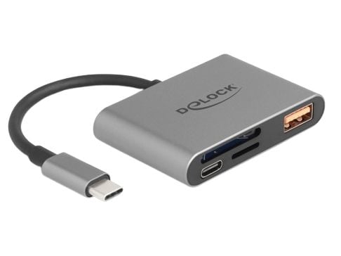 Delock USB-C-kortinlukija SD- ja Micro-SD-muistikorteille + USB 10 Gbps Type-A-portti ja USB Type-C PD 2.0 85 W