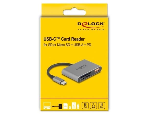 Delock USB-C-kortinlukija SD- ja Micro-SD-muistikorteille + USB 10 Gbps Type-A-portti ja USB Type-C PD 2.0 85 W
