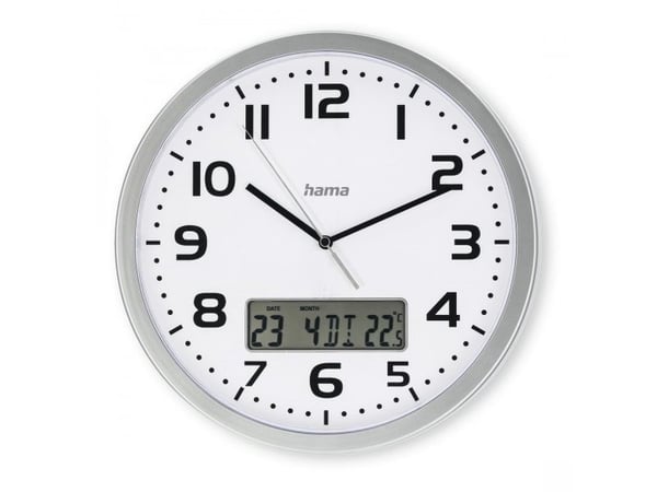 Hama 00185878, Vegg, Analog klokke, Rund, Sølv, Hvit, Plast, Glass