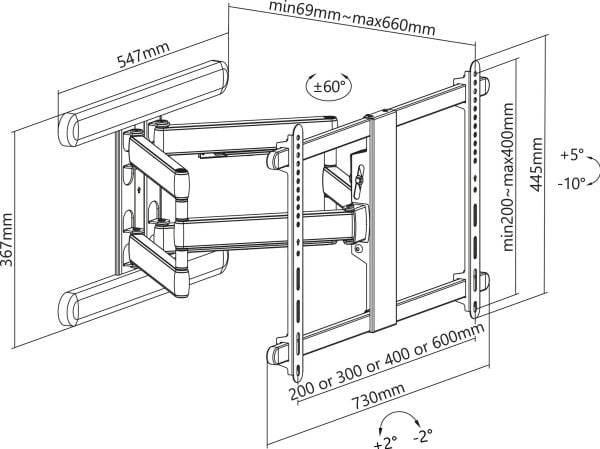 InLine 23118W, 200 x 200 mm, 600 x 400 mm, -10 - 5°, -90 - 90°, Aluminium, Hvit