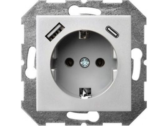 Liregus pistorasia EPSILON, SCHUKO pistorasia ja USB A+C laturi 17W, ilman kehystä, metalli sp.