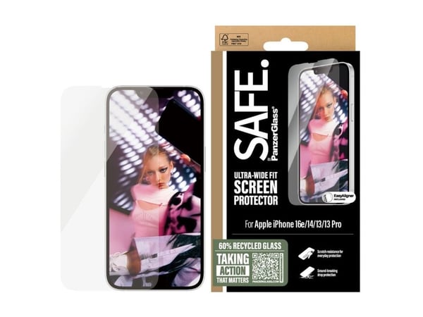 SAFE. by PanzerGlass - Skjermbeskyttelse for mobiltelefon - ultra-bred passform med justering - glass - for Apple iPhone 13, 13 Pro, 14, 16e, 17e