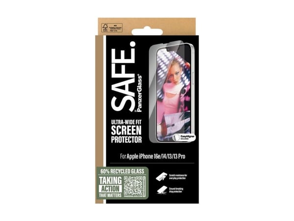 SAFE. by PanzerGlass - Skjermbeskyttelse for mobiltelefon - ultra-bred passform med justering - glass - for Apple iPhone 13, 13 Pro, 14, 16e, 17e