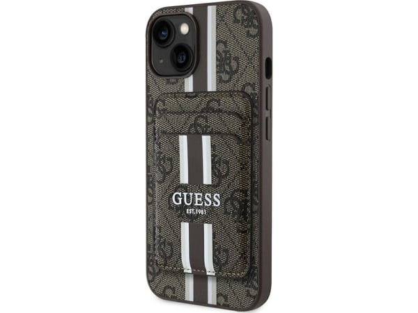 Guess 4G-striper med lommebok Magsafe Apple iPhone 15 hardt deksel brun