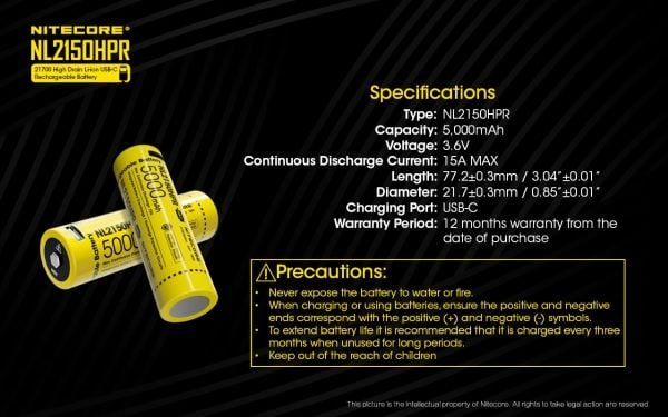 Nitecore NL2150HPR, 5000 mAh, Lithium-Ion (Li-Ion), 3,6 V, 1 stykker