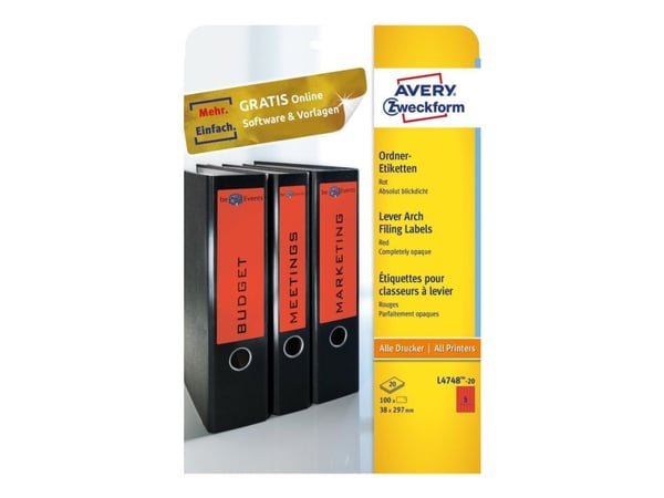 Avery L4748 - Rød - 38 x 297 mm 100 stk (20 ark x 5) filmappeetiketter