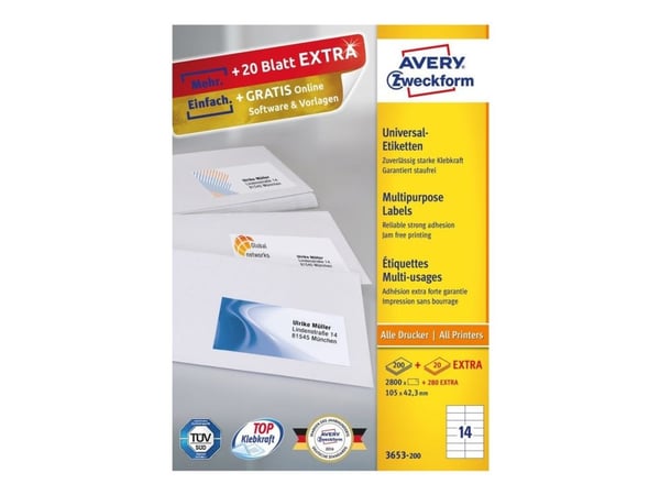 Avery Zweckform 3653 - Papir - permanet adhesiv - hvit - 105 x 42.3 mm 2800 etikett(er) (200 ark x 14 merkelapper