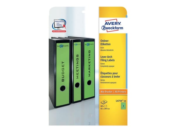 Avery L4754 - Grønn - 61 x 297 mm 60 stk (20 ark x 3) filmappeetiketter
