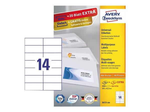 Avery Zweckform 3653 - Papir - permanet adhesiv - hvit - 105 x 42.3 mm 2800 etikett(er) (200 ark x 14 merkelapper