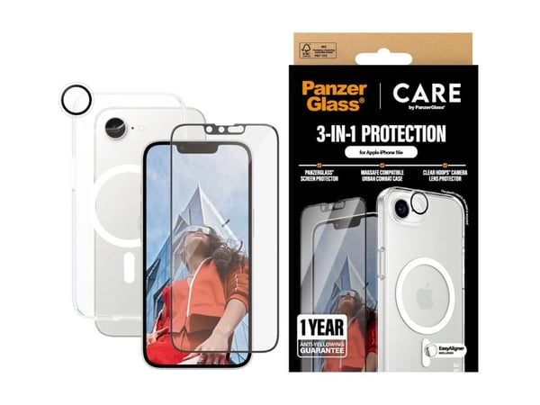PanzerGlass 3-in-1 Case Flagship Cover + beskyttelsesglas sæt Apple iPhone 16e MagSafe-kompatibel, Stødsikker