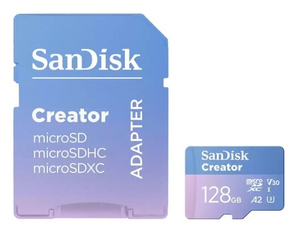 SanDisk Creator - Flashminnekort (microSDXC til SD-adapter inkludert) - 128 GB - A2 / Video Class V30 / UHS-I U3 - microSDXC UHS-I