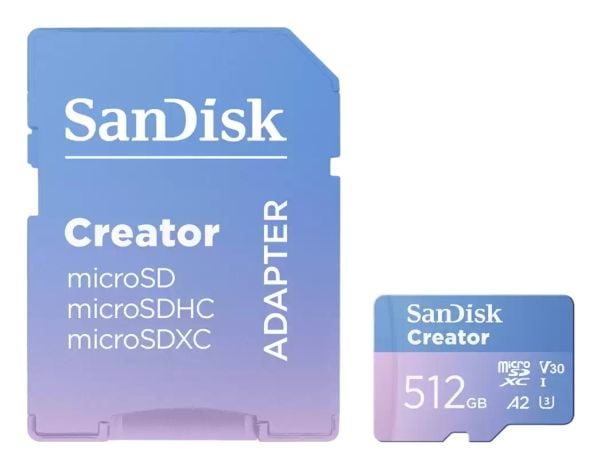SanDisk Creator - Flashminnekort (microSDXC til SD-adapter inkludert) - 512 GB - A2 / Video Class V30 / UHS-I U3 - microSDXC UHS-I