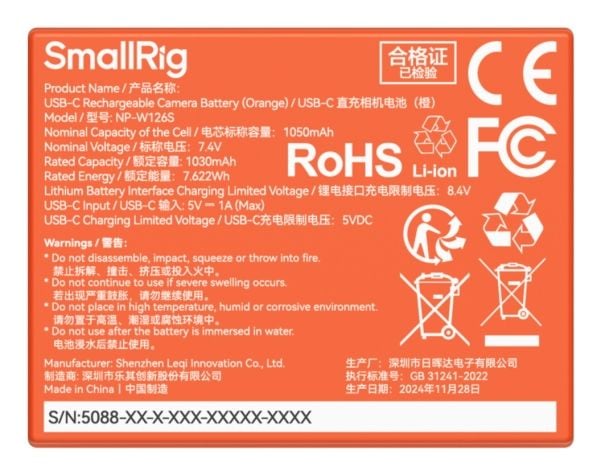SmallRig 5088, Fujifilm, 1050 mAh, 7,4 V, Lithium-Ion (Li-Ion)