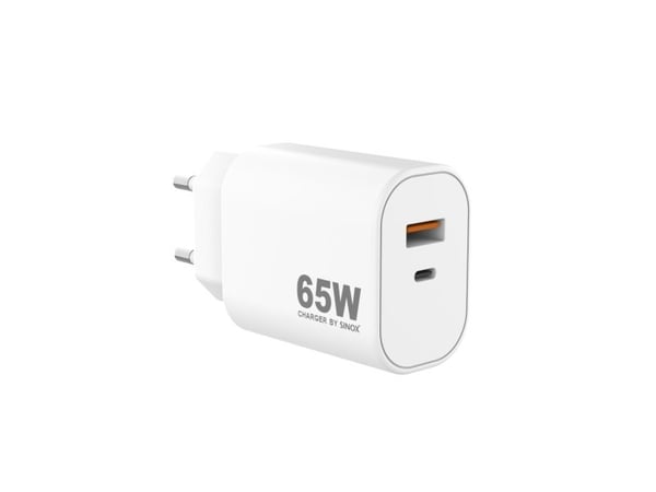Sinox PRO 230V USB-A+USB-C PD-laturi 65W. Valkoinen